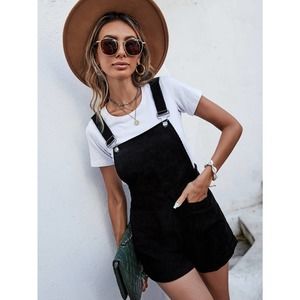 boho minimalist Corduroy Dual Pocket Overalls Romper black